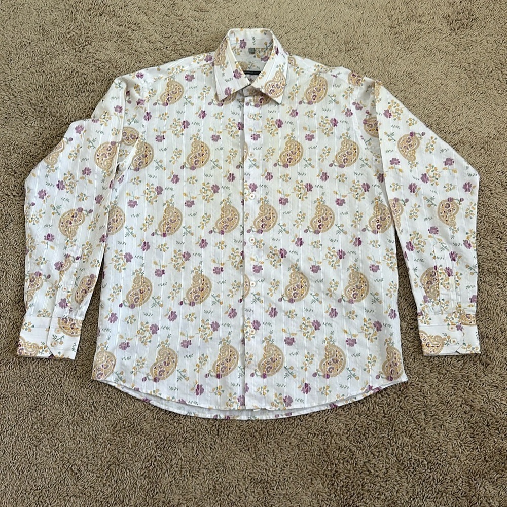 Visconti Uomo Mens Paisley Floral Button Front Shirt Size L Cotton Modal White